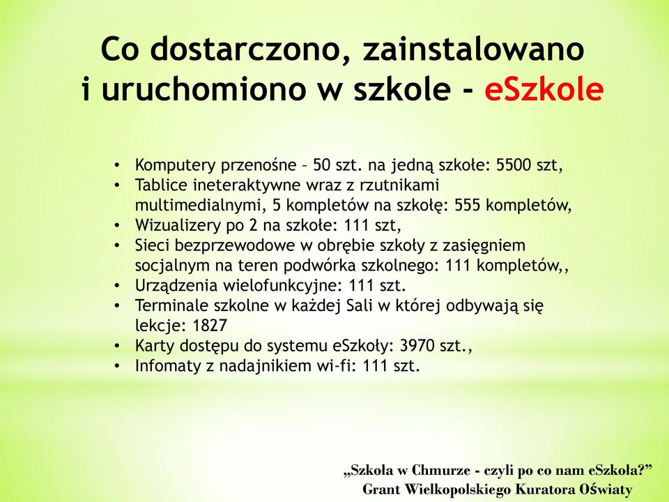 szkołe: 111 szt, Sieci bezprzewodowe w obrębie szkoły z zasięgniem socjalnym na teren podwórka szkolnego: 111 kompletów,, Urządzenia