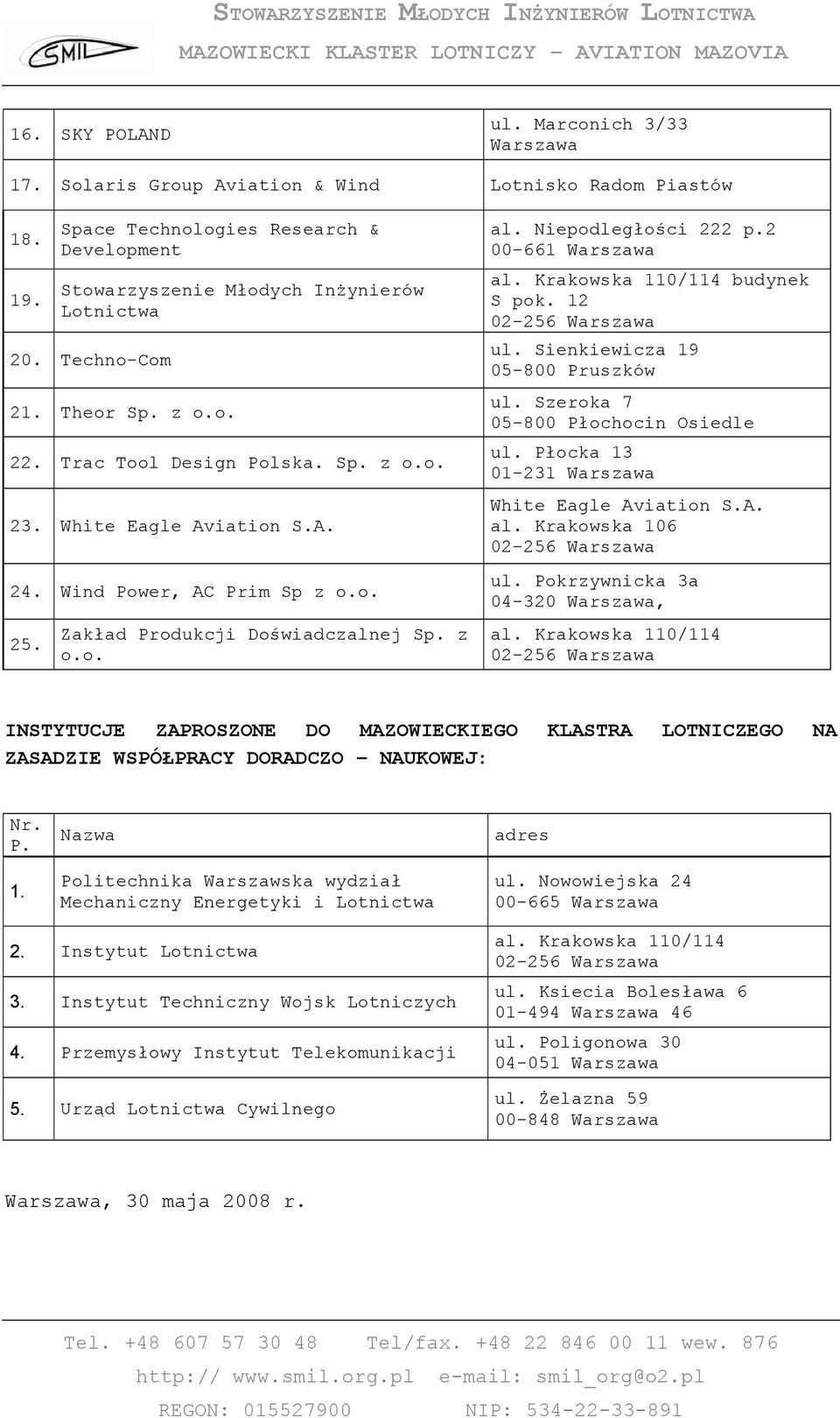 2 00-661 Warszawa al. Krakowska 110/114 budynek S pok. 12 ul. Sienkiewicza 19 05-800 Pruszków ul. Szeroka 7 05-800 Płochocin Osiedle ul. Płocka 13 01-231 Warszawa White Eagle Aviation S.A. al. Krakowska 106 ul.