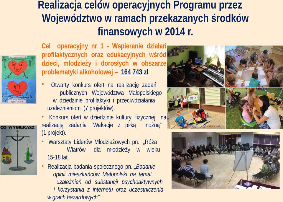 zadań publicznych Województwa Małopolskiego w dziedzinie profilaktyki i przeciwdziałania uzależnieniom (7 projektów).