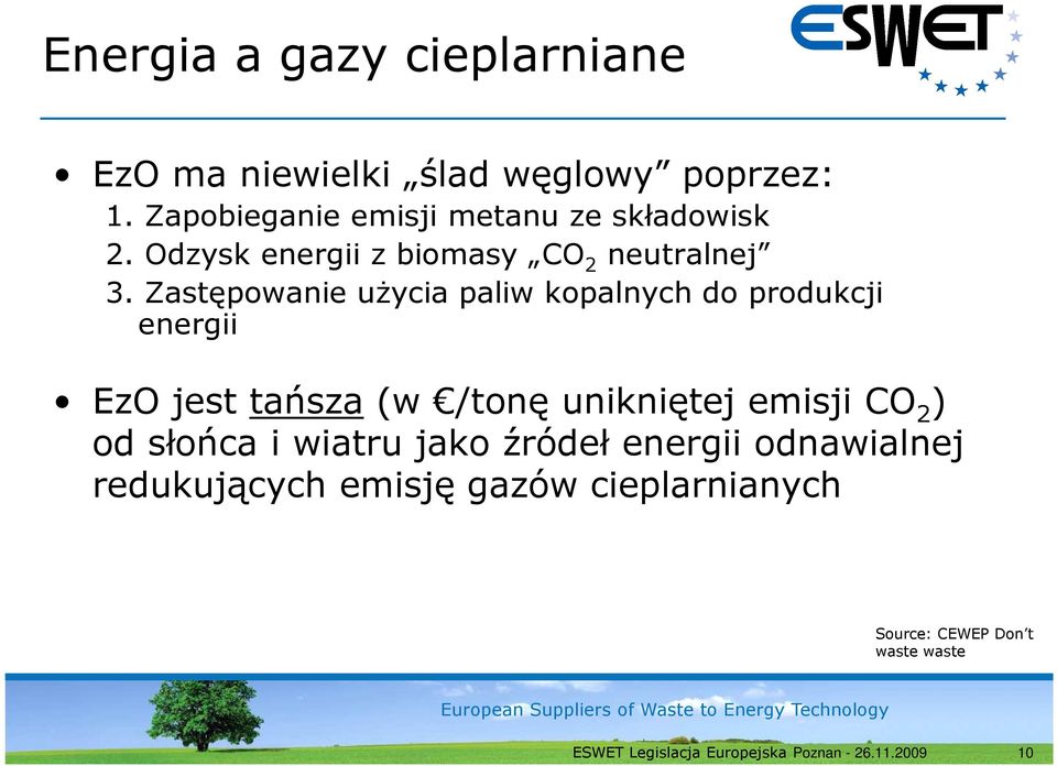 Zastępowanie uŝycia paliw kopalnych do produkcji energii EzO jest tańsza (w /tonę unikniętej