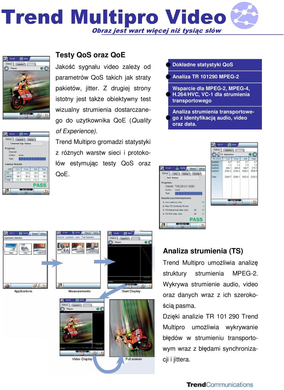 Trend Multipro gromadzi statystyki z rónych warstw sieci i protokołów estymujc testy QoS oraz QoE. Dokładne statystyki QoS Analiza TR 101290 MPEG-2 Wsparcie dla MPEG-2, MPEG-4, H.