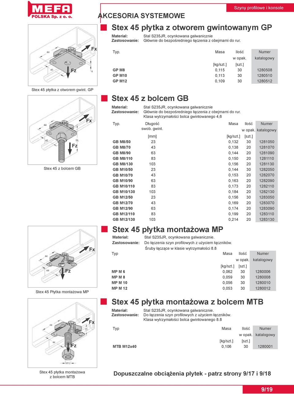 GP Stex 45 z bolcem GB Fz Fz Stex 45 Płytka montażowa MP Fz Fx Fx Fx Stex 45 z bolcem GB Material: Zastosowanie: Stal S235JR, ocynkowana galwanicznie Głównie do bezpośredniego łączenia z obejmami do