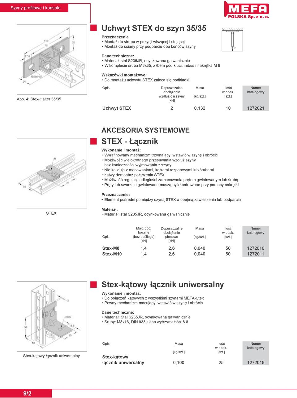 4: Stex-Halter 35/35 Opis Dopuszczalne Masa Ilość Numer obciążenie wzdłuż osi szyny [kg/szt.] [szt.