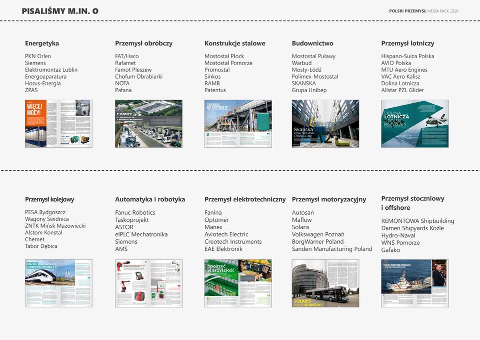 Obrabiarki NOTA Pafana Mostostal Płock Mostostal Pomorze Promostal Sinkos RAMB Patentus Mostostal Puławy Warbud Mosty-Łódź Polimex-Mostostal SKANSKA Grupa Unibep Hispano-Suiza Polska AVIO Polska MTU