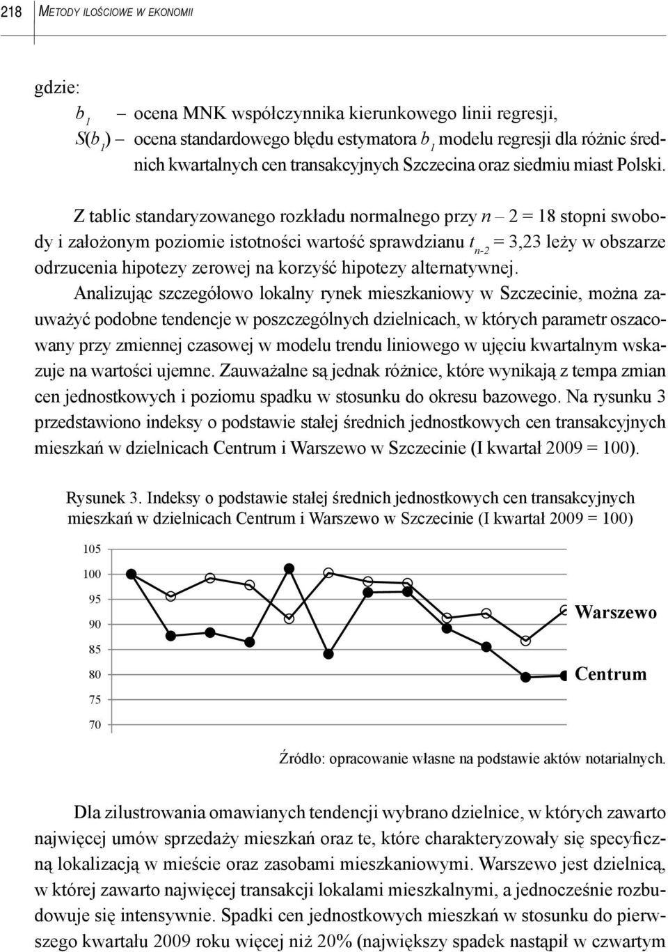 Z tablic standaryzowanego rozkładu normalnego przy n 2 = 18 stopni swobody i założonym poziomie istotności wartość sprawdzianu t n-2 = 3,23 leży w obszarze odrzucenia hipotezy zerowej na korzyść