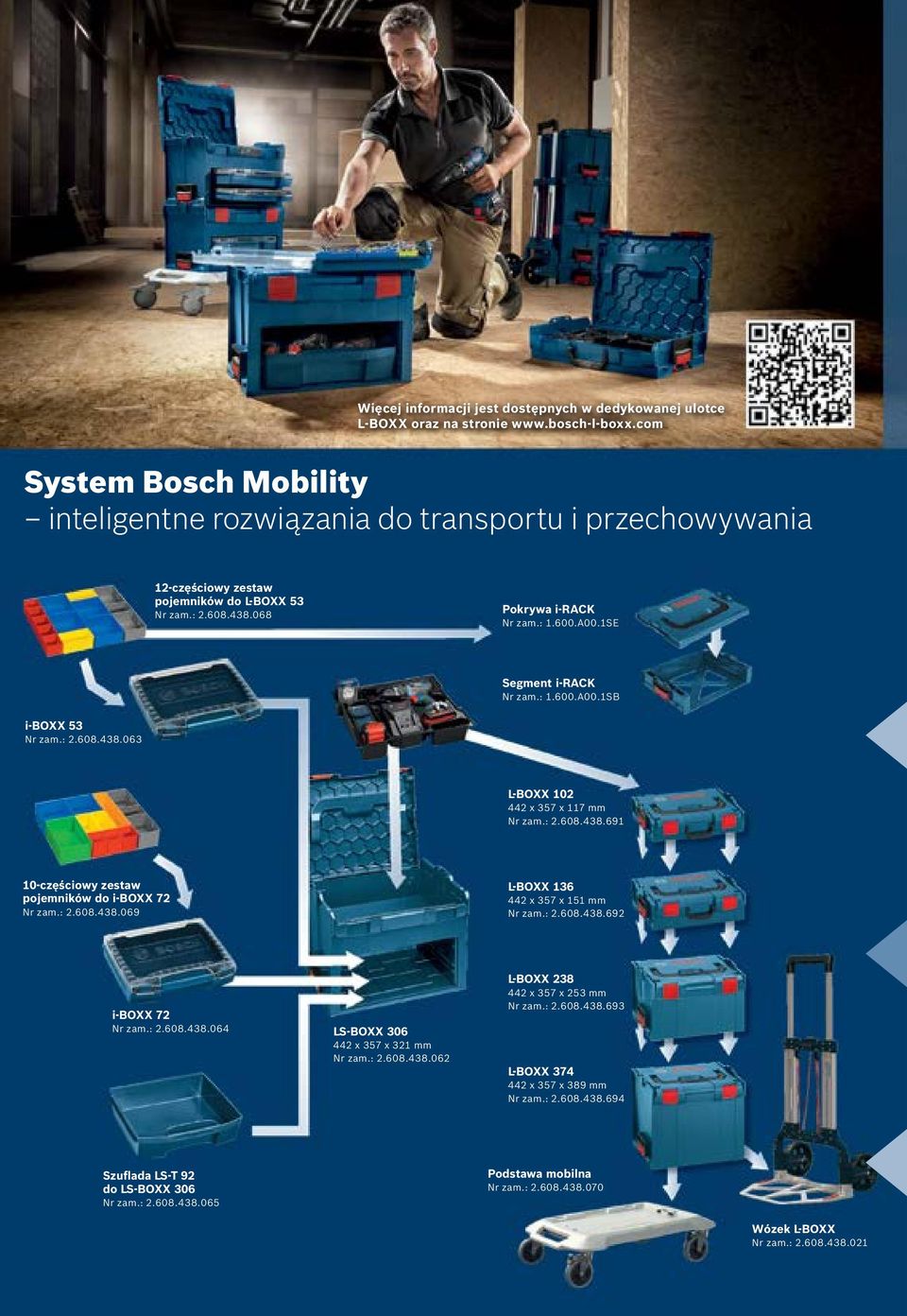 1SE Segment i-rack Nr zam.: 1.600.A00.1SB i-boxx 53 Nr zam.: 2.608.438.063 L-BOXX 102 442 x 357 x 117 mm Nr zam.: 2.608.438.691 10-częściowy zestaw pojemników do i-boxx 72 Nr zam.: 2.608.438.069 L-BOXX 136 442 x 357 x 151 mm Nr zam.