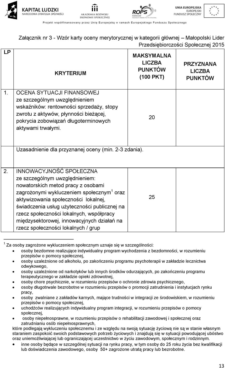 INNOWACYJNOŚĆ SPOŁECZNA ze szczególnym uwzględnieniem: nowatorskich metod pracy z osobami zagrożonymi wykluczeniem społecznym 1 oraz aktywizowania społeczności lokalnej, świadczenia usług