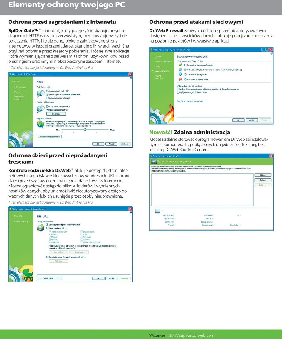 dane z serwerami) i chroni użytkowników przed phishingiem oraz innymi niebezpiecznymi zasobami Internetu. * Ten element nie jest dostępny w Dr.Web Anti-virus Pro. Ochrona przed atakami sieciowymi Dr.