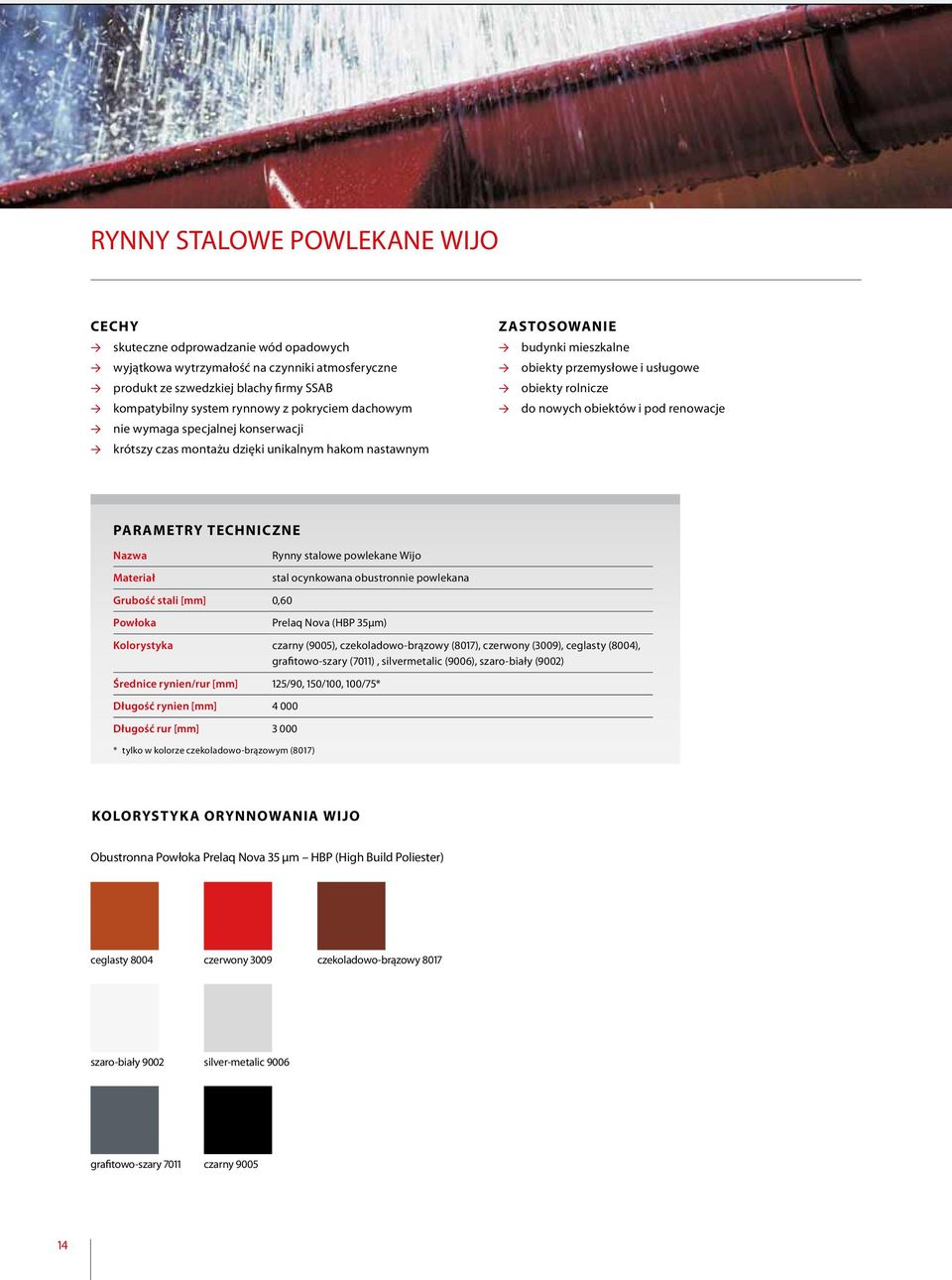 PARAMETRY TECHNICZNE Nazwa Materiał Grubość stali [mm] 0,60 Powłoka Rynny stalowe powlekane Wijo stal ocynkowana obustronnie powlekana Prelaq Nova (HBP 35µm) Kolorystyka czarny (9005),