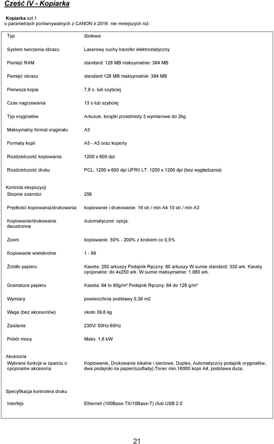 Formaty kopii Rozdzielczość kopiowania Rozdzielczość druku Stołowa Laserowy suchy transfer elektrostatyczny standard: 128 MB maksymalnie: 384 MB standard 128 MB maksymalnie: 384 MB 7,9 s.