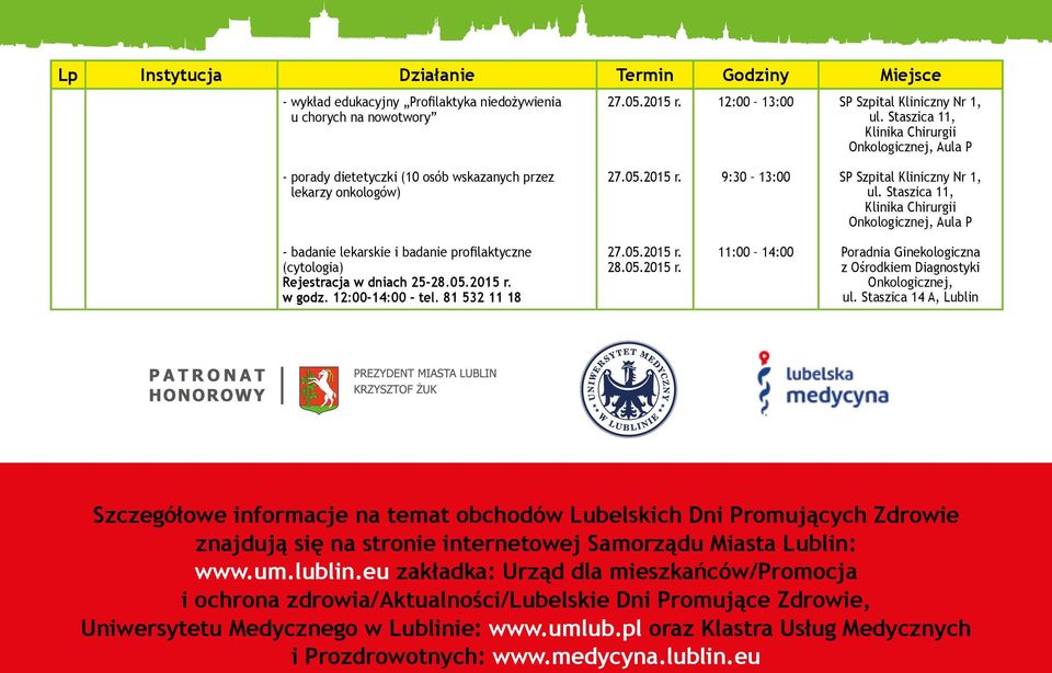 Staszica 11, Klinika Chirurgii Onkologicznej, Aula P - badanie lekarskie i badanie profilaktyczne (cytologia) Rejestracja w dniach 25- w godz. 12:00-14:00 tel.