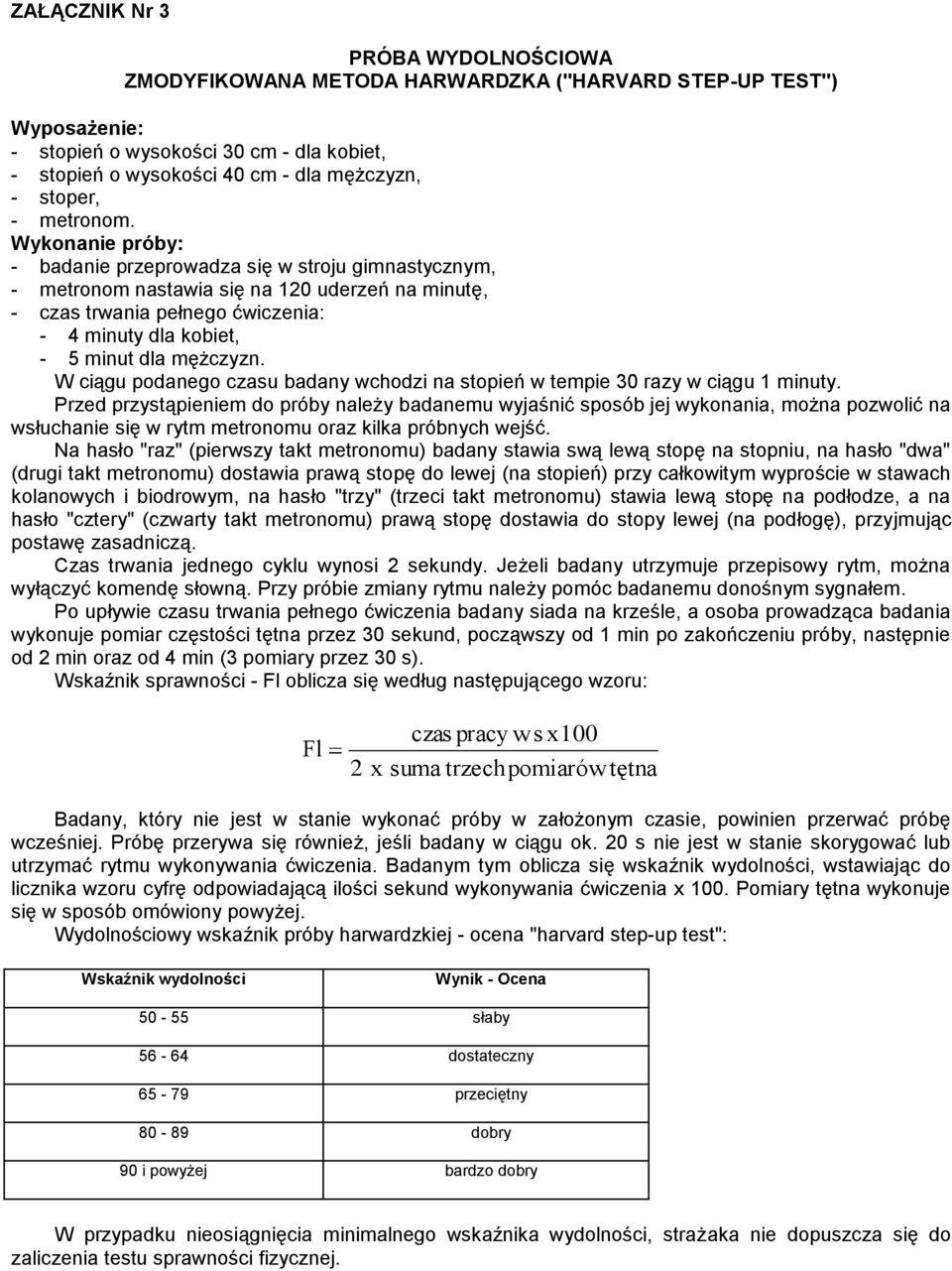 Wykonanie próby: - badanie przeprowadza się w stroju gimnastycznym, - metronom nastawia się na 120 uderzeń na minutę, - czas trwania pełnego ćwiczenia: - 4 minuty dla kobiet, - 5 minut dla mężczyzn.