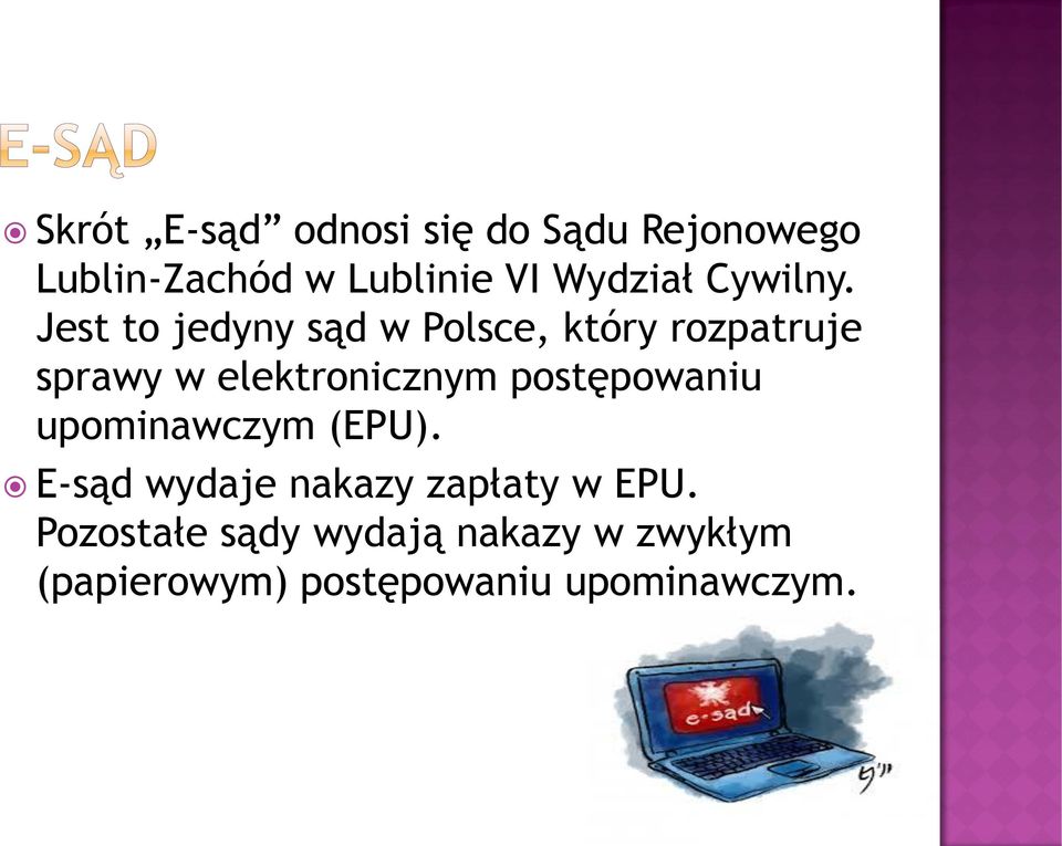 Jest to jedyny sąd w Polsce, który rozpatruje sprawy w elektronicznym