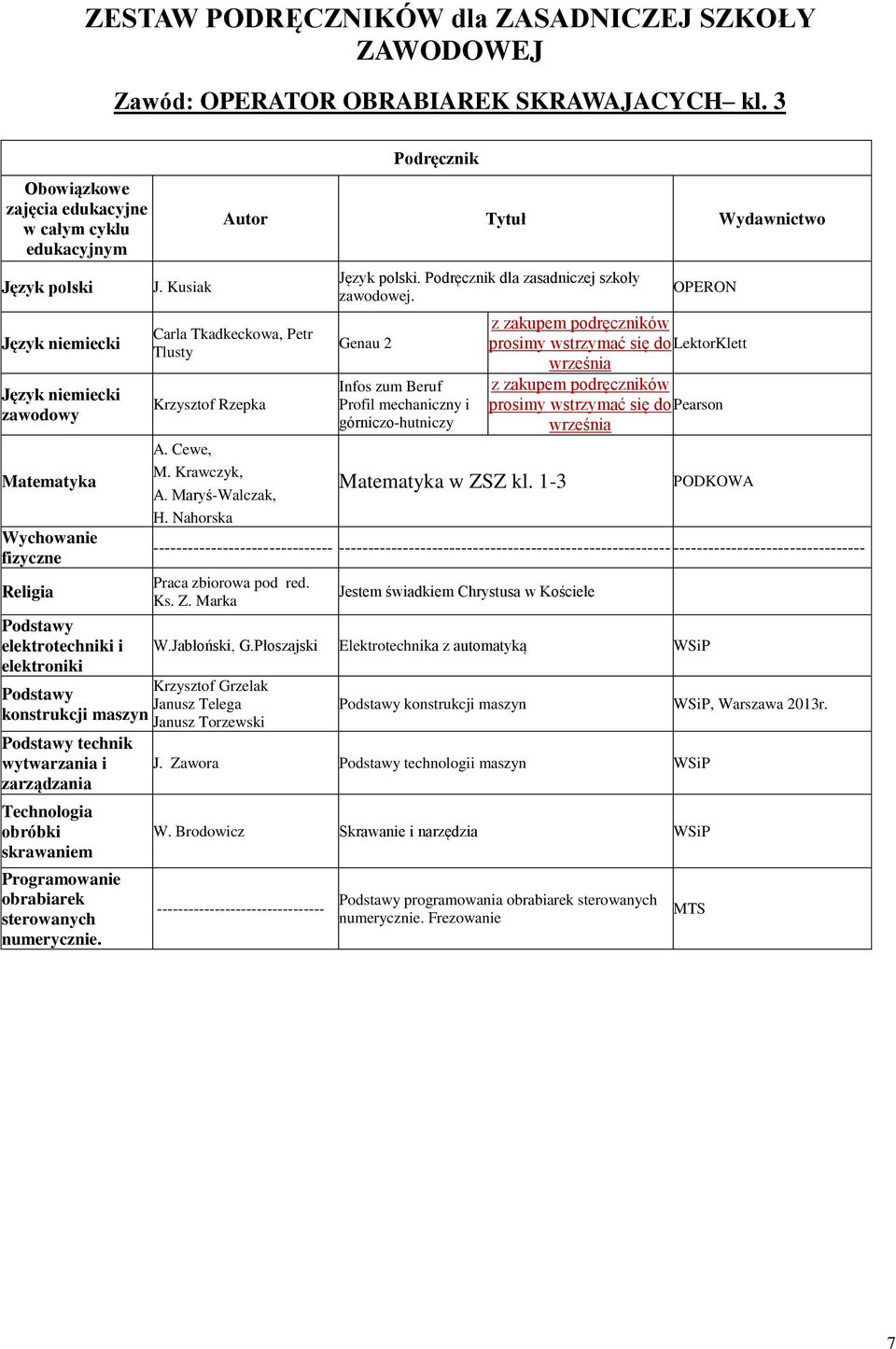 Cewe, M. Krawczyk, A. Maryś-Walczak, H. Nahorska Język polski. dla zasadniczej szkoły zawodowej. Genau 2 Infos zum Beruf Profil mechaniczny i górniczo-hutniczy Matematyka w ZSZ kl.