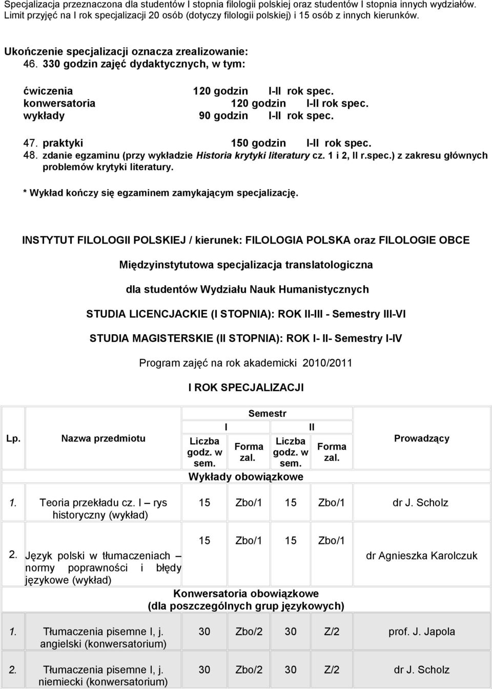 330 godzin zajęć dydaktycznych, w tym: ćwiczenia 120 godzin - rok spec. konwersatoria 120 godzin - rok spec. wykłady 90 godzin - rok spec. 47. praktyki 150 godzin - rok spec. 48.