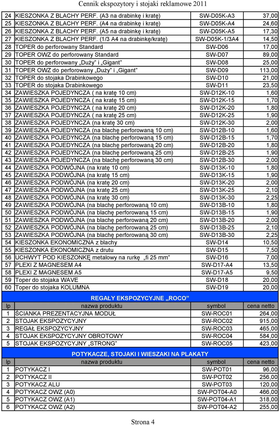 (1/3 A4 na drabinkę/kratę) SW-D05K-1/3A4 14,50 28 TOPER do perforowany Standard SW-D06 17,00 29 TOPER OWZ do perforowany Standard SW-D07 89,00 30 TOPER do perforowany Duży i Gigant SW-D08 25,00 31