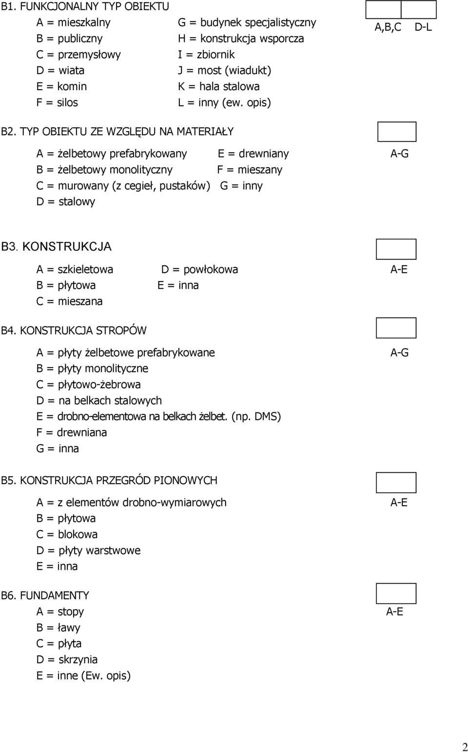 TYP OBIEKTU ZE WZGLĘDU NA MATERIAŁY A = żelbetowy prefabrykowany E = drewniany B = żelbetowy monolityczny F = mieszany C = murowany (z cegieł, pustaków) G = inny D = stalowy B3.