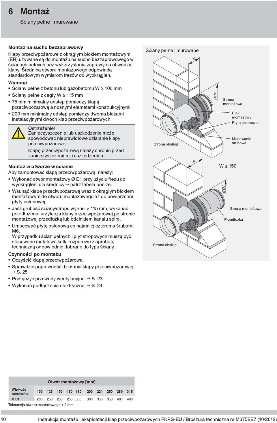 Ściany pełne i murowane W Wymogi Ściany pełne z betonu lub gazobetomu W 100 mm Ściany pełne z cegły W 115 mm 75 mm minimalny odstęp pomiedzy klapą przeciwpożarową a nośnymi elemetami konstrukcyjnymi.