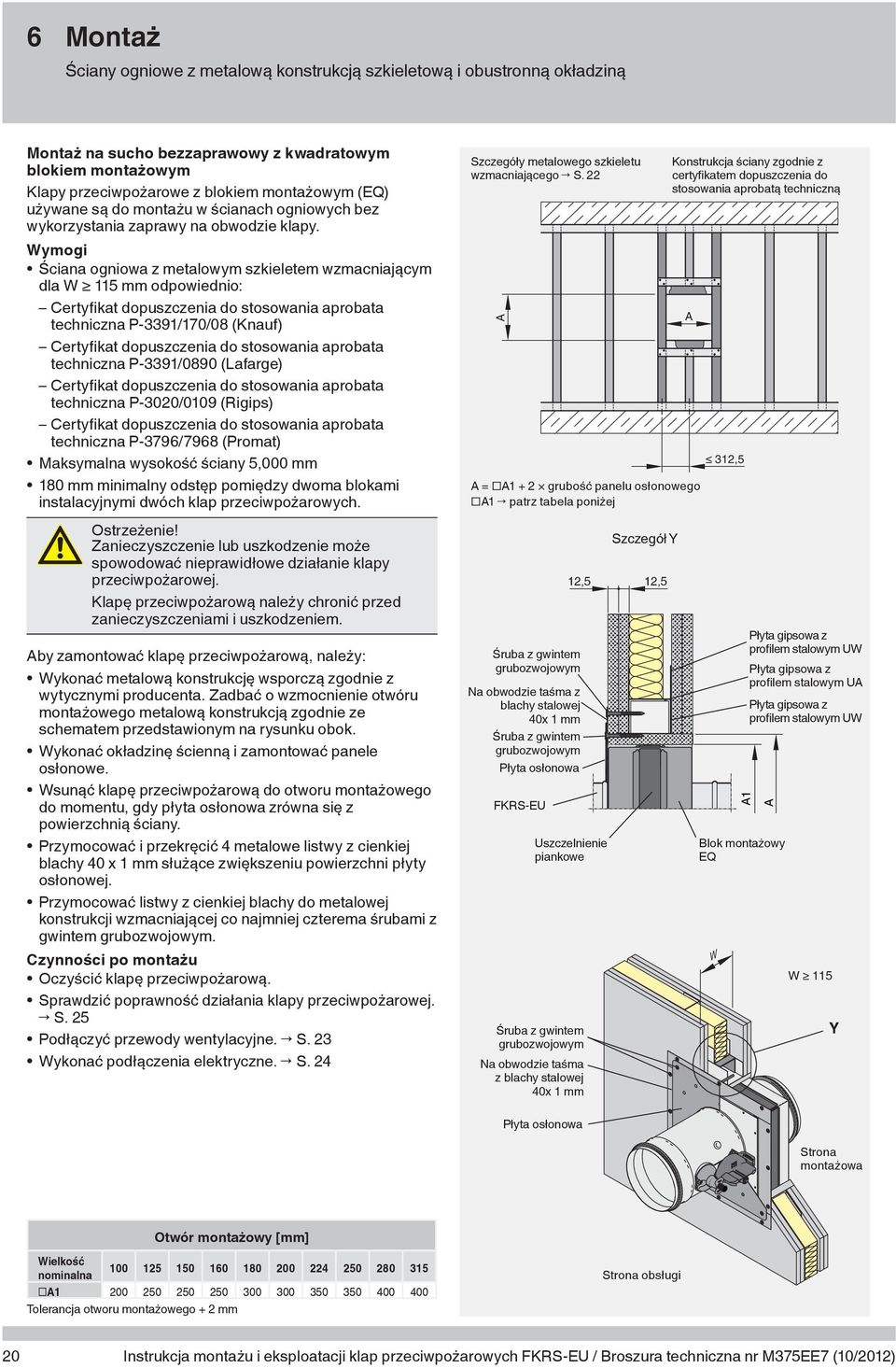 22 Konstrukcja ściany zgodnie z certyfi katem dopuszczenia do stosowania aprobatą techniczną Wymogi Ściana ogniowa z metalowym szkieletem wzmacniającym dla W 115 mm odpowiednio: Certyfikat