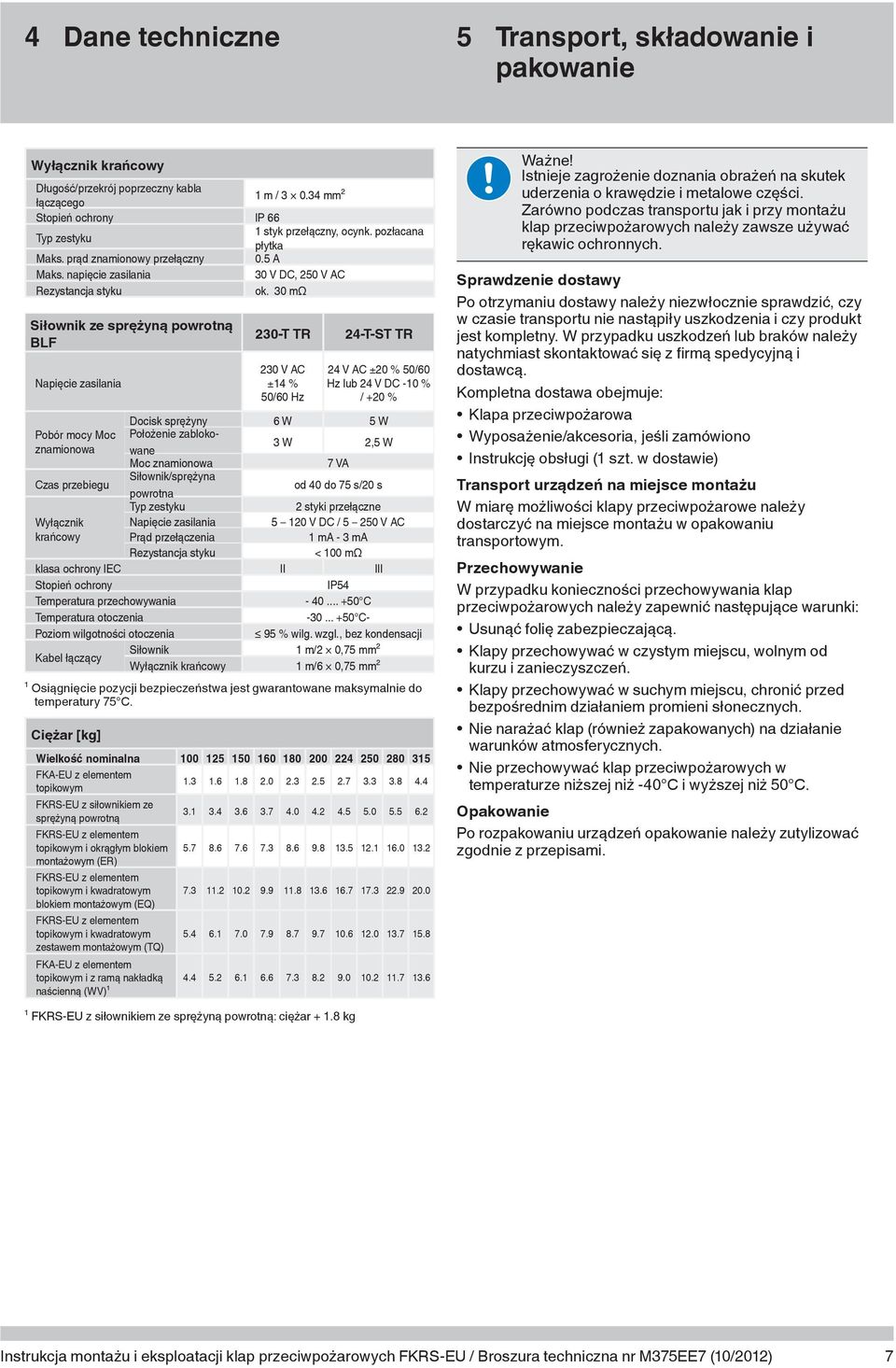 30 mω Siłownik ze sprężyną powrotną BLF Napięcie zasilania Pobór mocy Moc znamionowa Czas przebiegu Siłownik/sprężyna powrotna od 40 do 75 s/20 s Typ zestyku 2 styki przełączne Wyłącznik Napięcie