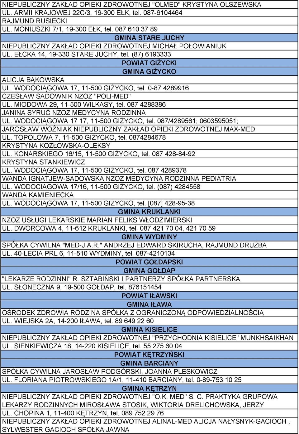 WODOCIĄGOWA 17, 11-500 GIŻYCKO, tel. 0-87 4289916 CZESŁAW SADOWNIK NZOZ "POLI-MED" UL. MIODOWA 29, 11-500 WILKASY, tel. 087 4288386 JANINA SYRUĆ NZOZ MEDYCYNA RODZINNA UL.