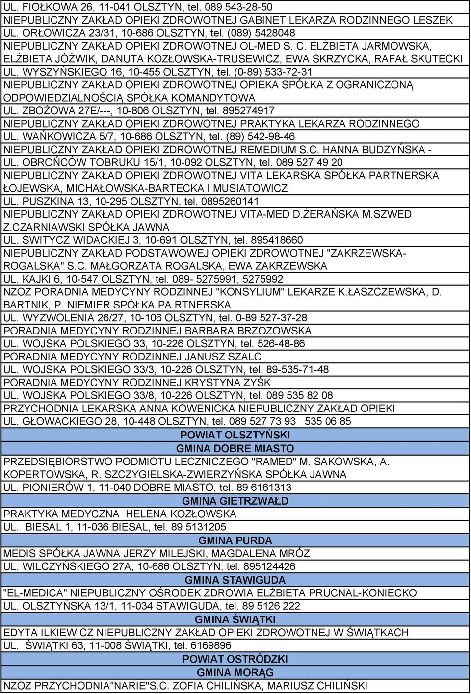 (0-89) 533-72-31 NIEPUBLICZNY ZAKŁAD OPIEKI ZDROWOTNEJ OPIEKA SPÓŁKA Z OGRANICZONĄ ODPOWIEDZIALNOŚCIĄ SPÓŁKA KOMANDYTOWA UL. ZBOŻOWA 27E/---, 10-806 OLSZTYN, tel.