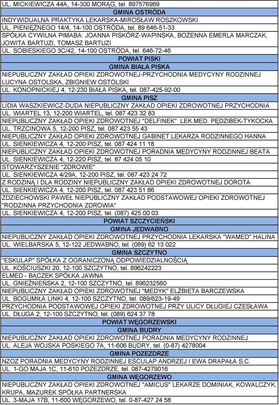 646-72-46 POWIAT PISKI GMINA BIAŁA PISKA NIEPUBLICZNY ZAKŁAD OPIEKI ZDROWOTNEJ-PRZYCHODNIA MEDYCYNY RODZINNEJ LUCYNA OSTOLSKA, ZBIGNIEW OSTOLSKI UL. KONOPNICKIEJ 4, 12-230 BIAŁA PISKA, tel.