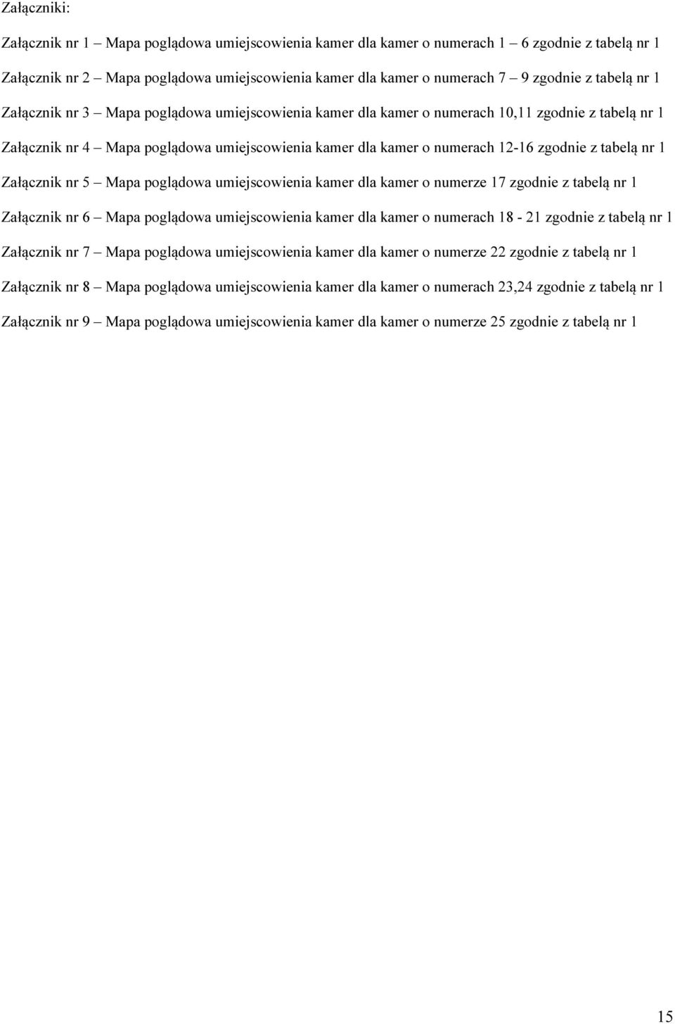 tabelą nr 1 Załącznik nr 5 Mapa poglądowa umiejscowienia kamer dla kamer o numerze 17 zgodnie z tabelą nr 1 Załącznik nr 6 Mapa poglądowa umiejscowienia kamer dla kamer o numerach 18-21 zgodnie z