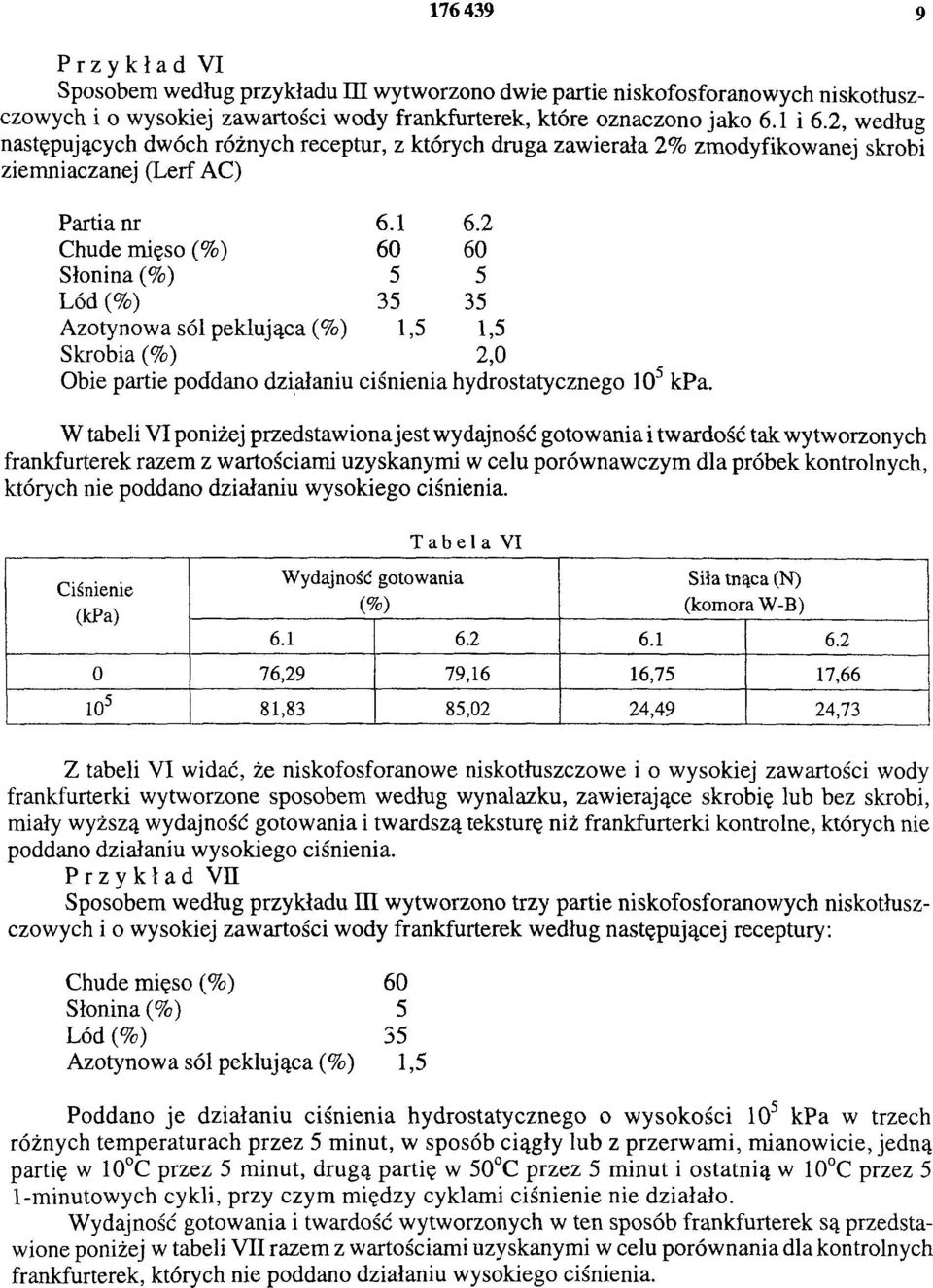 2 Chude mięso (%) 60 60 Słonina (%) 5 5 Lód (%) 35 35 Azotynowa sól peklująca (%) 1,5 1,5 Skrobia (%) 2,0 Obie partie poddano działaniu ciśnienia hydrostatycznego 105 kpa.