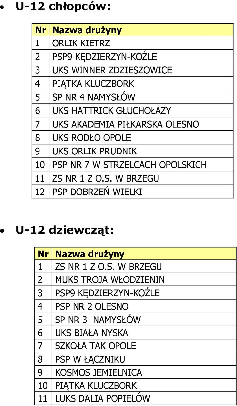 S. W BRZEGU 2 MUKS TROJA WŁODZIENIN 3 PSP9 KĘDZIERZYN-KOŹLE 4 PSP NR 2 OLESNO 5 SP NR 3 NAMYSŁÓW 6 UKS BIAŁA NYSKA 7 SZKOŁA TAK OPOLE 8