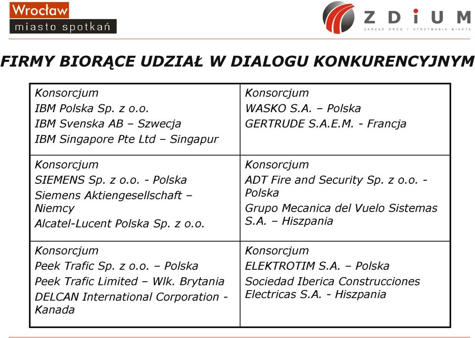 Brytania DELCAN International Corporation - Kanada Konsorcjum WASKO S.A. Polska GERTRUDE S.A.E.M. - Francja Konsorcjum ADT Fire and Security Sp. z o.o. - Polska Grupo Mecanica del Vuelo Sistemas S.