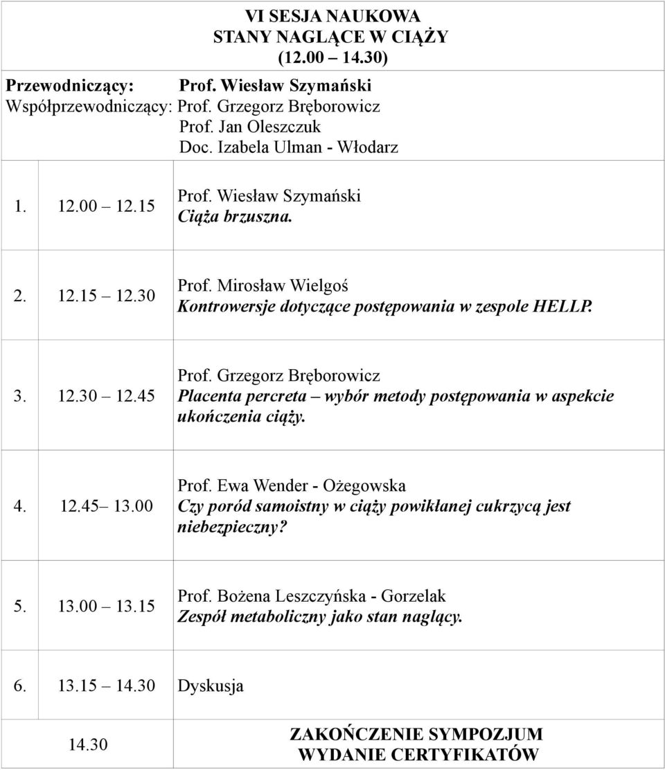 45 Prof. Grzegorz Bręborowicz Placenta percreta wybór metody postępowania w aspekcie ukończenia ciąży. 4. 12.45 13.00 Prof.