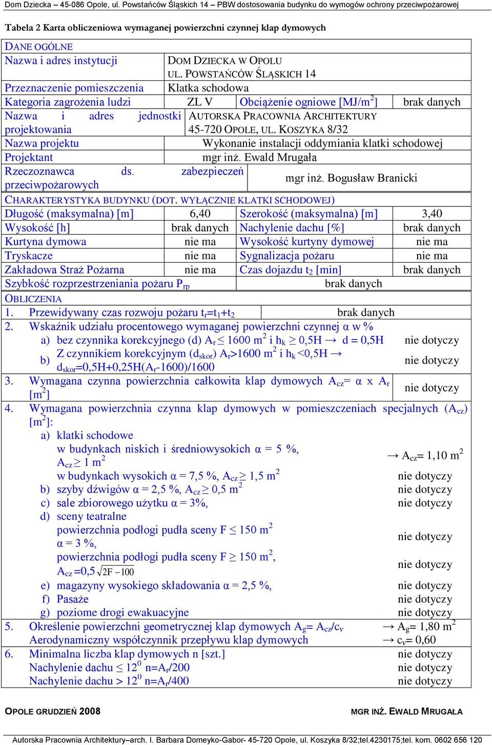 projektowania 45-720 OPOLE, UL. KOSZYKA 8/32 Nazwa projektu Wykonanie instalacji oddymiania klatki schodowej Projektant mgr inż. Ewald Mrugała Rzeczoznawca ds. zabezpieczeń przeciwpożarowych mgr inż.