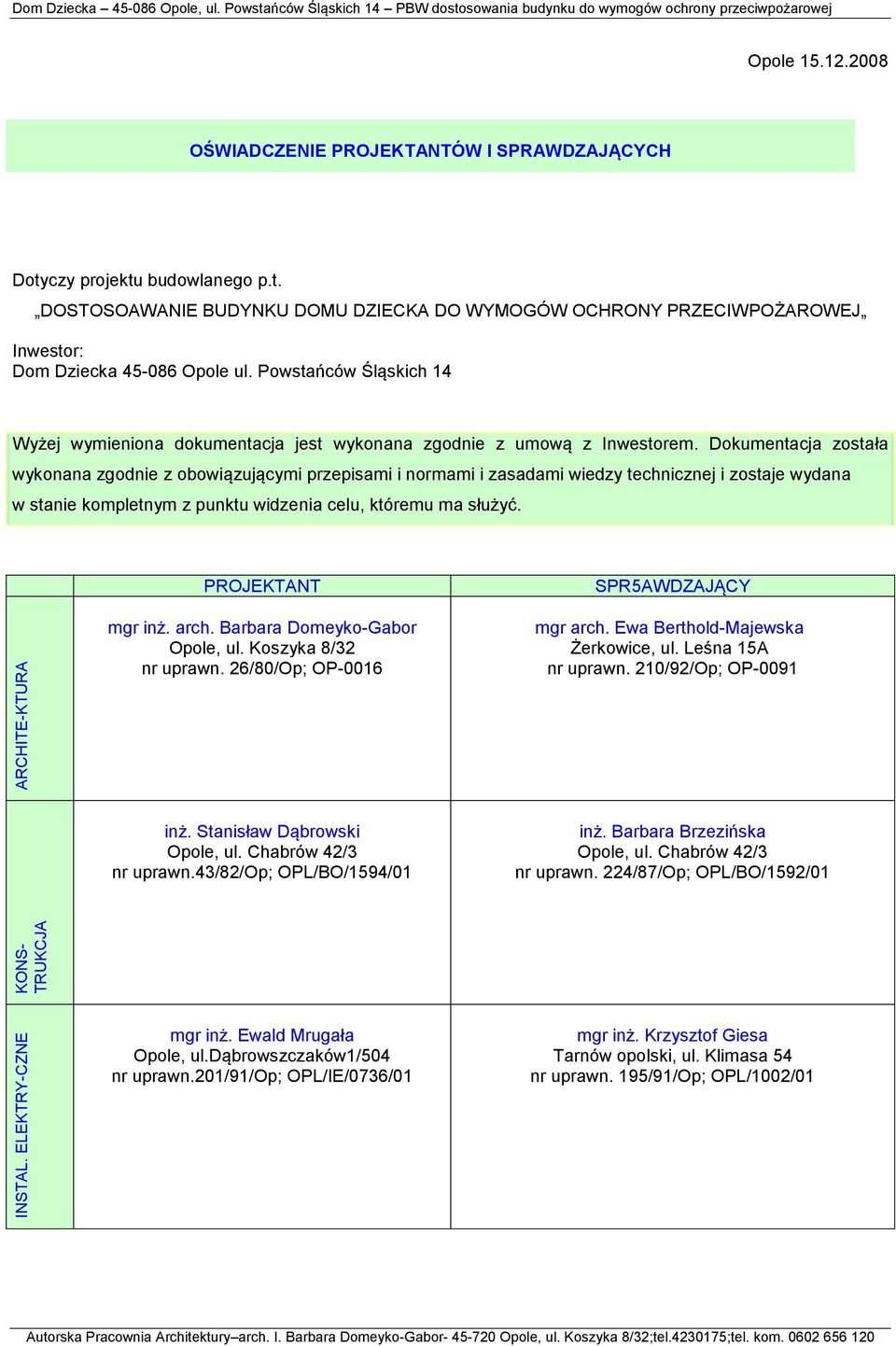 Powstańców Śląskich 14 Wyżej wymieniona dokumentacja jest wykonana zgodnie z umową z Inwestorem.