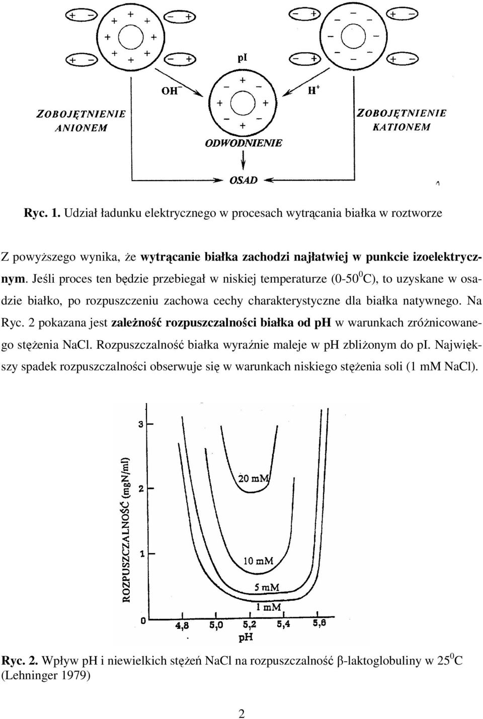 2 pokazana jest zależność rozpuszczalności białka od ph w warunkach zróżnicowanego stężenia NaCl. Rozpuszczalność białka wyraźnie maleje w ph zbliżonym do pi.