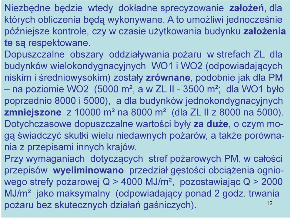 Dopuszczalne obszary oddziaływania pożaru w strefach ZL dla budynków wielokondygnacyjnych WO1 i WO2 (odpowiadających niskim i średniowysokim) y ) zostały zrównane,,podobnie jak dla PM na poziomie WO2