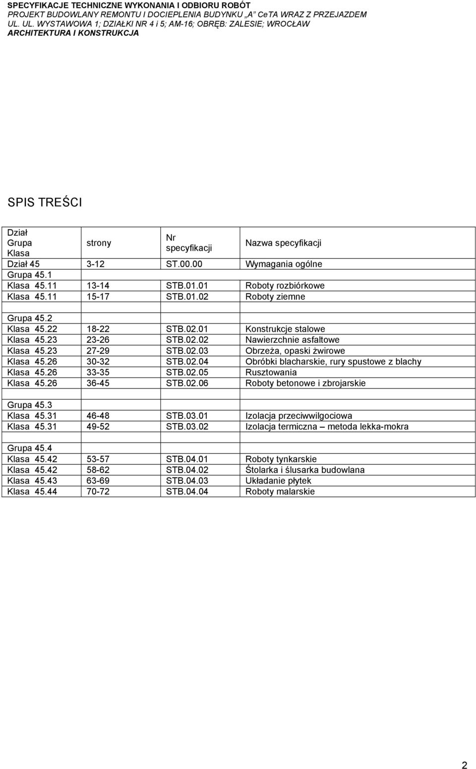 26 33-35 STB.02.05 Rusztowania Klasa 45.26 36-45 STB.02.06 Roboty betonowe i zbrojarskie Grupa 45.3 Klasa 45.31 46-48 STB.03.01 Izolacja przeciwwilgociowa Klasa 45.31 49-52 STB.03.02 Izolacja termiczna metoda lekka-mokra Grupa 45.