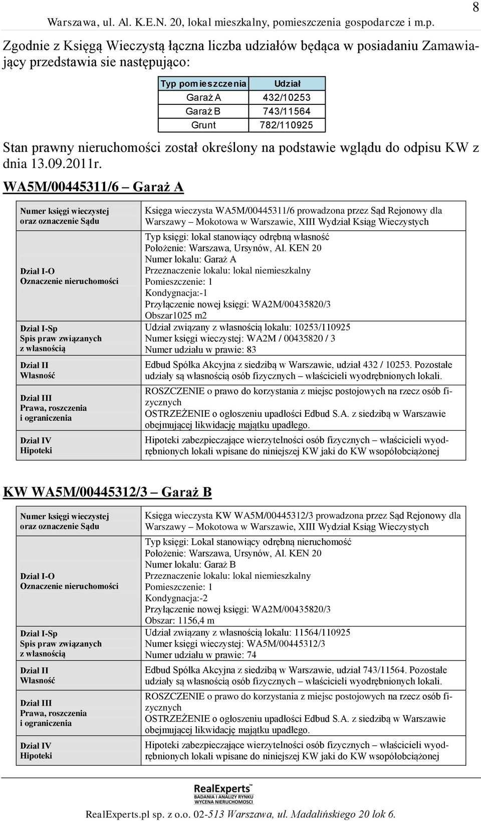 WA5M/00445311/6 Garaż A Typ pomieszczenia Udział Garaż A 432/10253 Garaż B 743/11564 Grunt 782/110925 8 Numer księgi wieczystej oraz oznaczenie Sądu Dział I-O Oznaczenie nieruchomości Dział I-Sp Spis