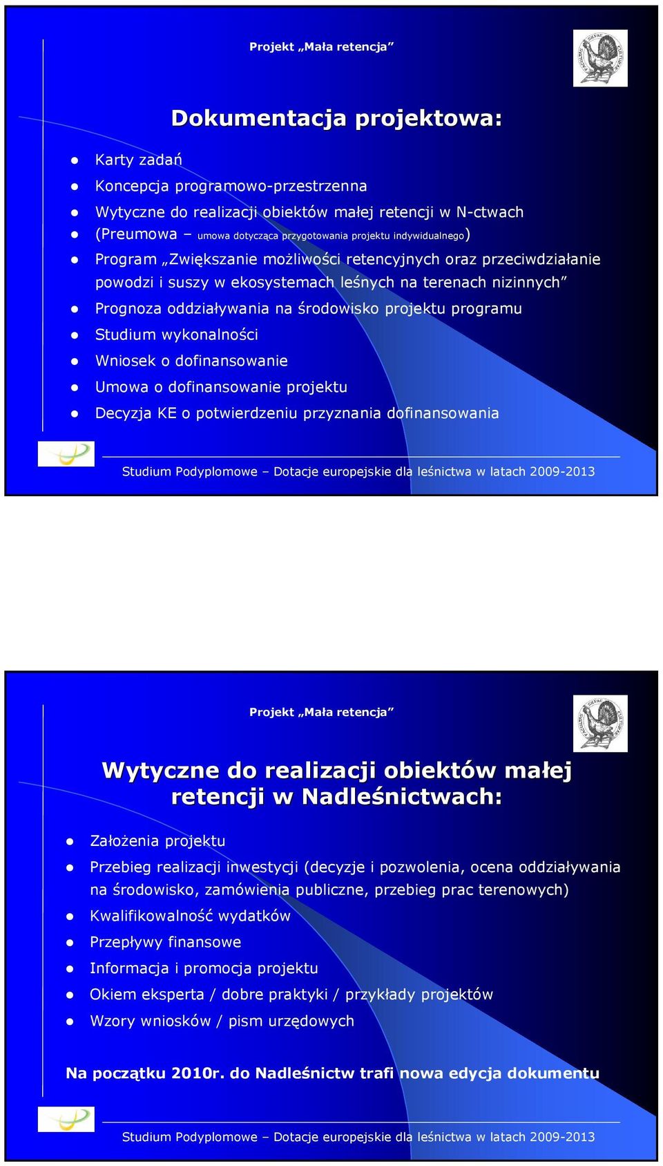 wykonalności Wniosek o dofinansowanie Umowa o dofinansowanie projektu Decyzja KE o potwierdzeniu przyznania dofinansowania Wytyczne do realizacji obiektów w małej retencji w Nadleśnictwach: Założenia