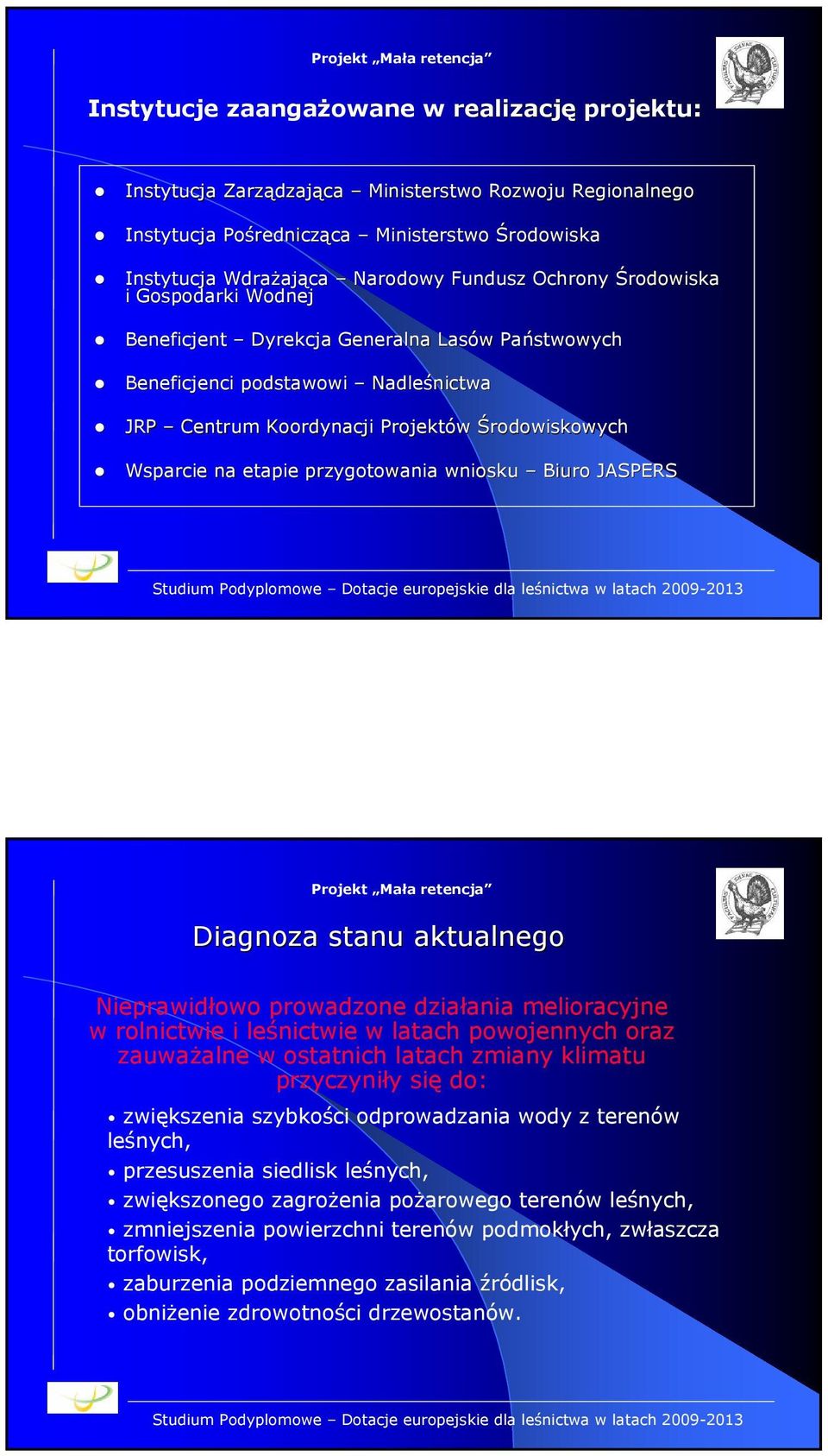 Wsparcie na etapie przygotowania wniosku Biuro JASPERS Diagnoza stanu aktualnego Nieprawidłowo prowadzone działania melioracyjne w rolnictwie i leśnictwie w latach powojennych oraz zauważalne w