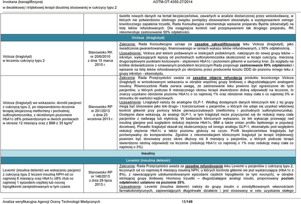 insuliną NPH od co najmniej 6 miesięcy oraz HbA1c 8% i/lub co najmniej 1 epizodem ciężkiej lub nocnej hipoglikemii zarejestrowanym w tym czasie Stanowisko RK nr 20/6/2010 z dnia 15 marca 2010 r.