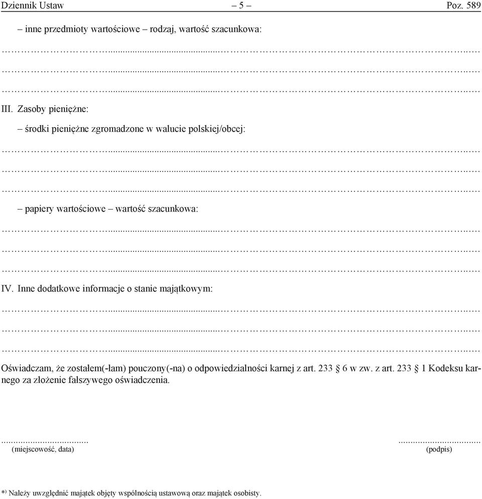 Inne dodatkowe informacje o stanie majątkowym: Oświadczam, że zostałem(-łam) pouczony(-na) o odpowiedzialności karnej z art.