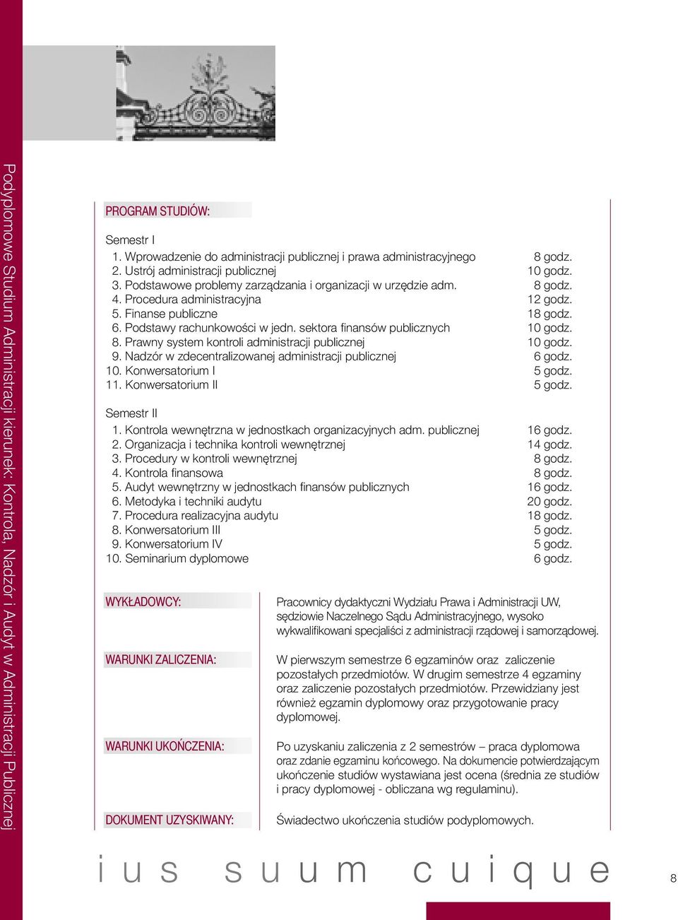 Podstawy rachunkowości w jedn. sektora finansów publicznych 10 godz. 8. Prawny system kontroli administracji publicznej 10 godz. 9. Nadzór w zdecentralizowanej administracji publicznej 6 godz. 10. Konwersatorium I 5 godz.