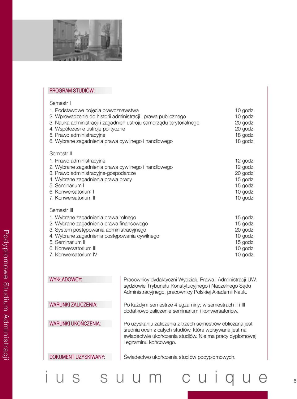 Wybrane zagadnienia prawa cywilnego i handlowego 18 godz. Semestr II 1. Prawo administracyjne 12 godz. 2. Wybrane zagadnienia prawa cywilnego i handlowego 12 godz. 3.