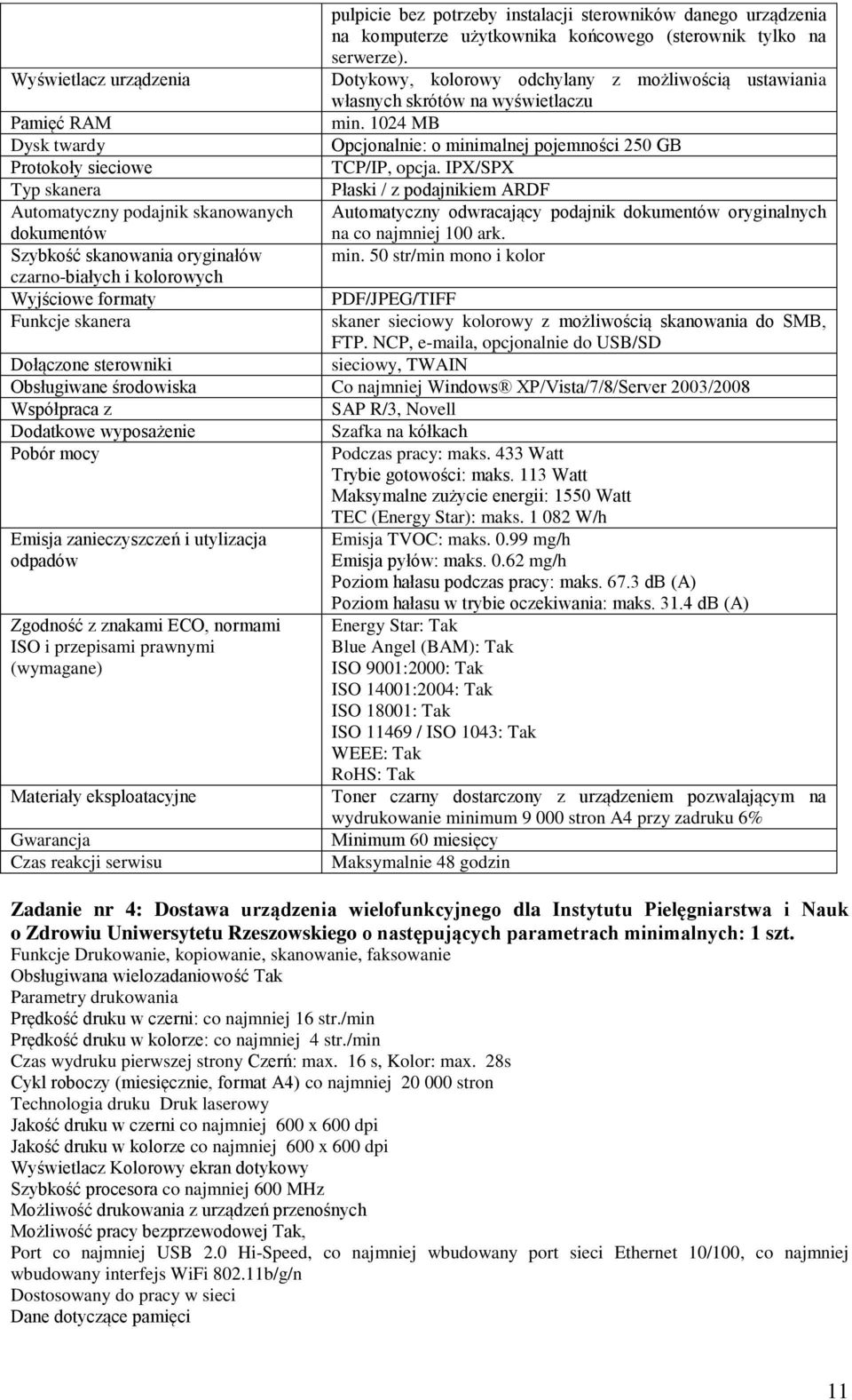 1024 MB Dysk twardy Opcjonalnie: o minimalnej pojemności 250 GB Protokoły sieciowe TCP/IP, opcja.