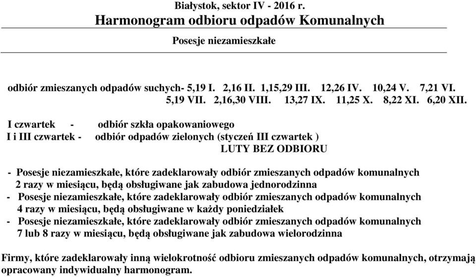 I czwartek - odbiór szkła opakowaniowego I i III czwartek - odbiór odpadów zielonych (styczeń III czwartek ) LUTY BEZ ODBIORU - Posesje niezamieszkałe, które zadeklarowały odbiór zmieszanych odpadów