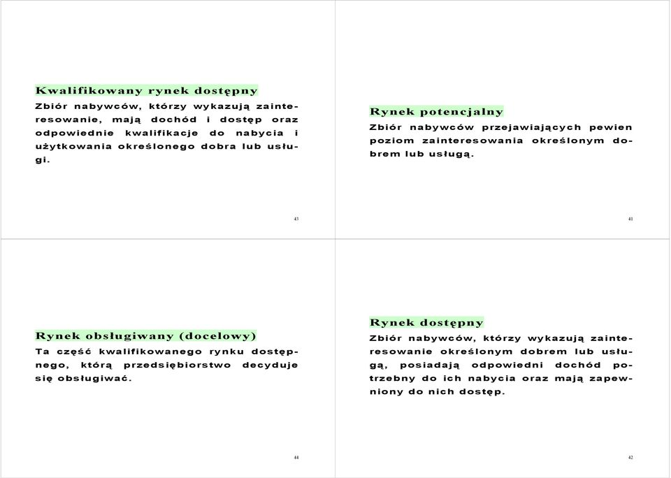 43 41 Rynek obsługiwany (docelowy) Ta część kwalifikowanego rynku dostępnego, którą przedsiębiorstwo decyduje się obsługiwać.