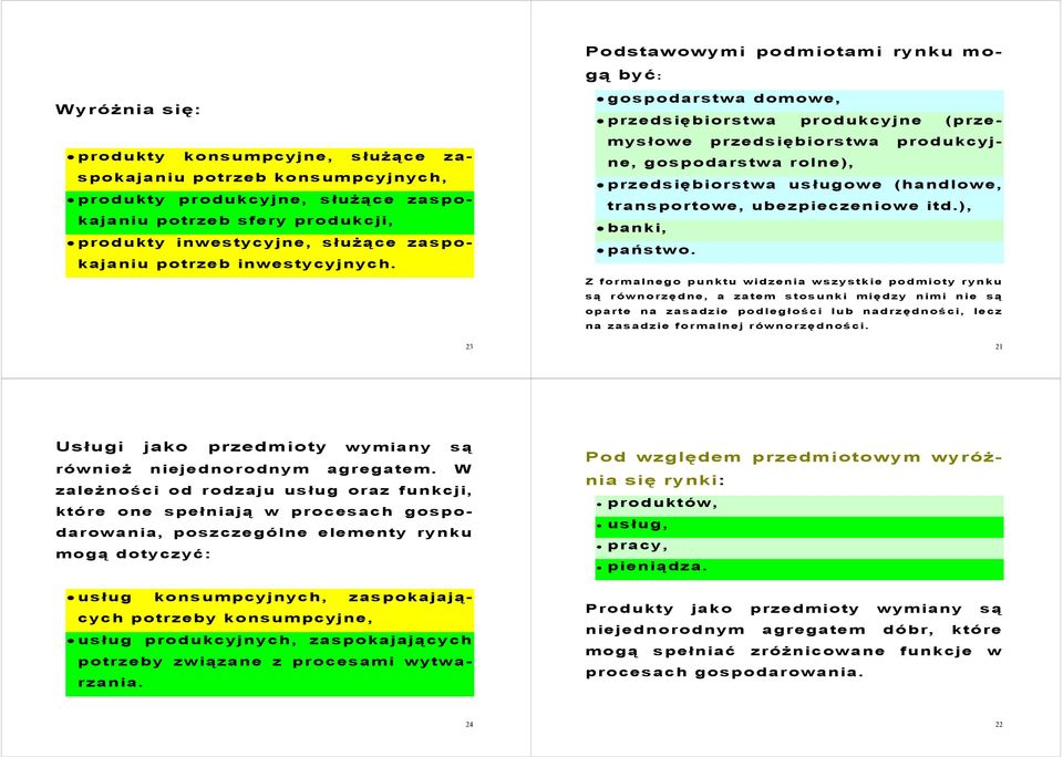 23 Podstawowymi podmiotami rynku mogą być: gospodarstwa domowe, przedsiębiorstwa produkcyjne (przemysłowe przedsiębiorstwa produkcyjne, gospodarstwa rolne), przedsiębiorstwa usługowe (handlowe,