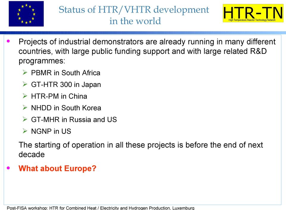 GT-HTR 300 in Japan HTR-PM in China NHDD in South Korea GT-MHR in Russia and US NGNP in US The starting of operation in all these projects