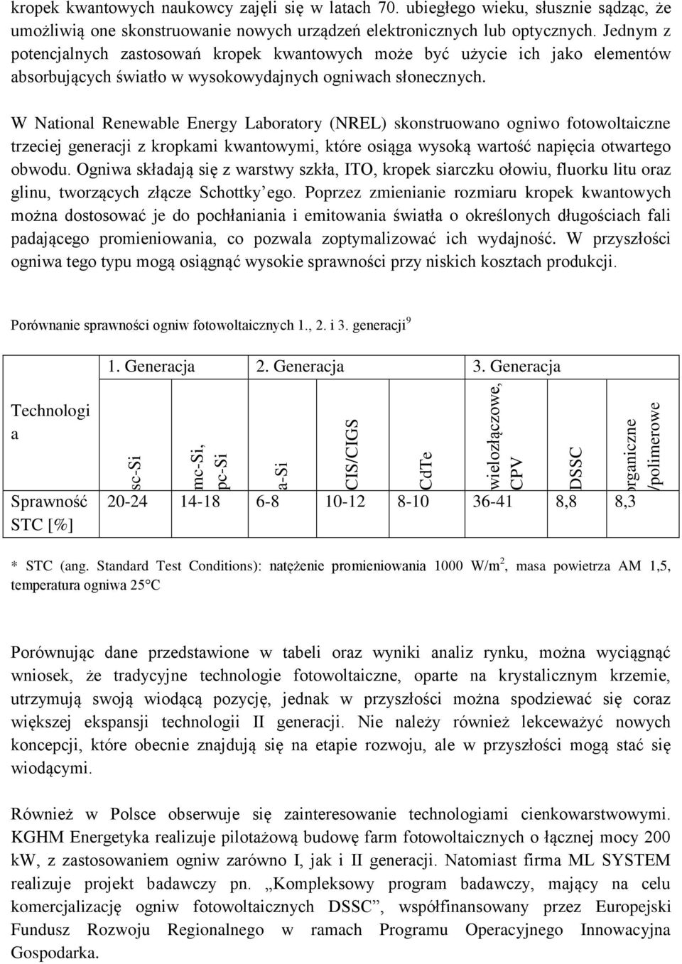 Jednym z potencjalnych zastosowań kropek kwantowych może być użycie ich jako elementów absorbujących światło w wysokowydajnych ogniwach słonecznych.